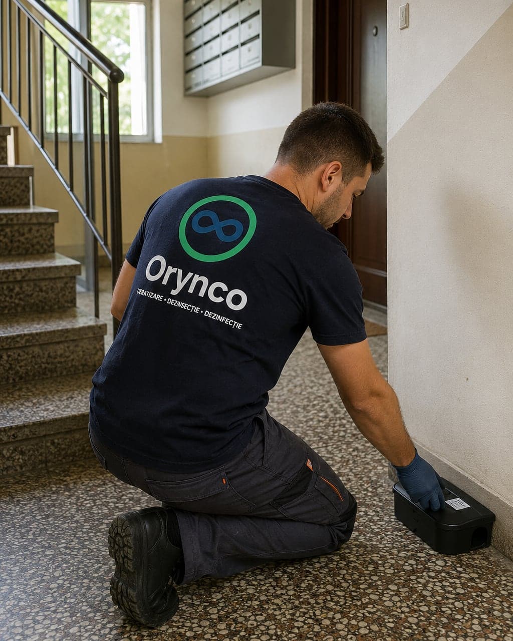 Tehnician Orynco amplasând o stație de intoxicare securizată pe casa scării unui bloc din Oradea, lângă intrarea într-un apartament, în timpul unei deratizări